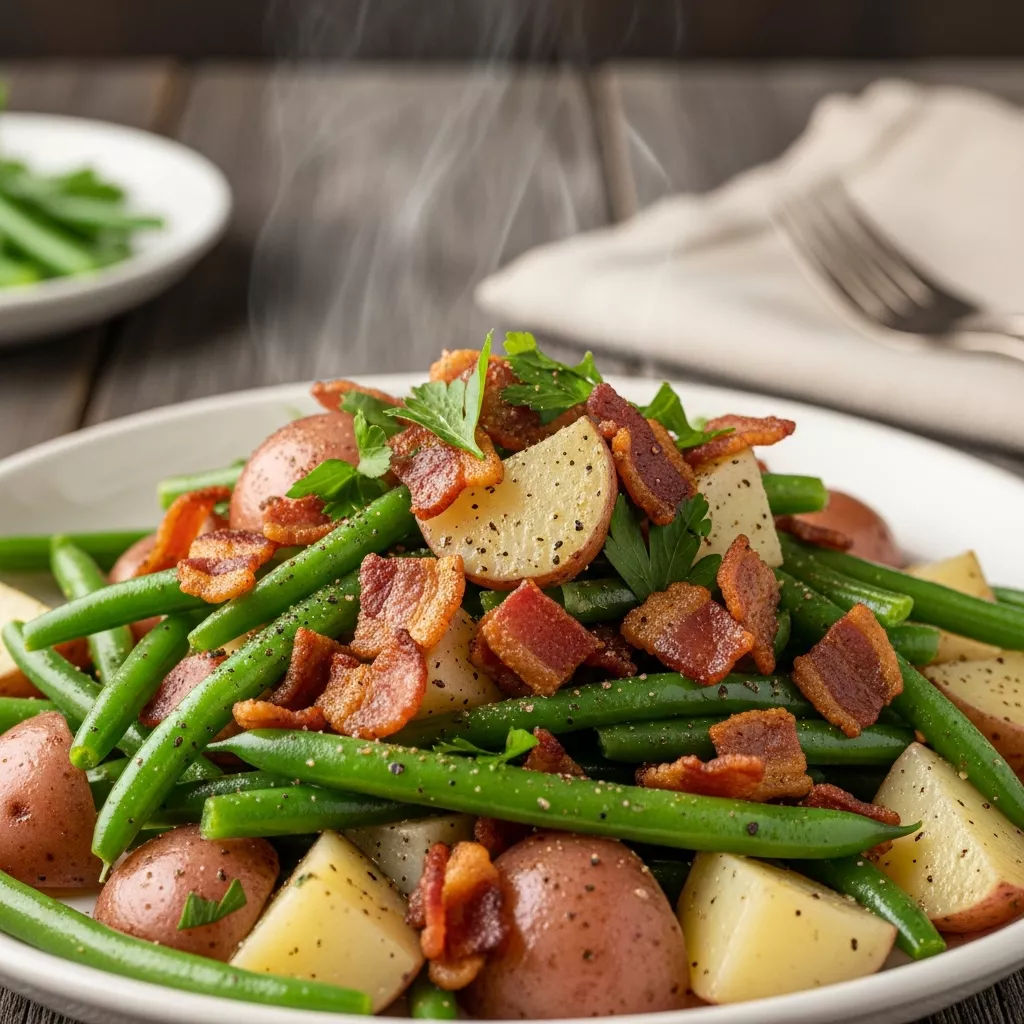 Close-up of slow cooker ranch green beans and potatoes topped with crispy turkey turkey turkey bacon