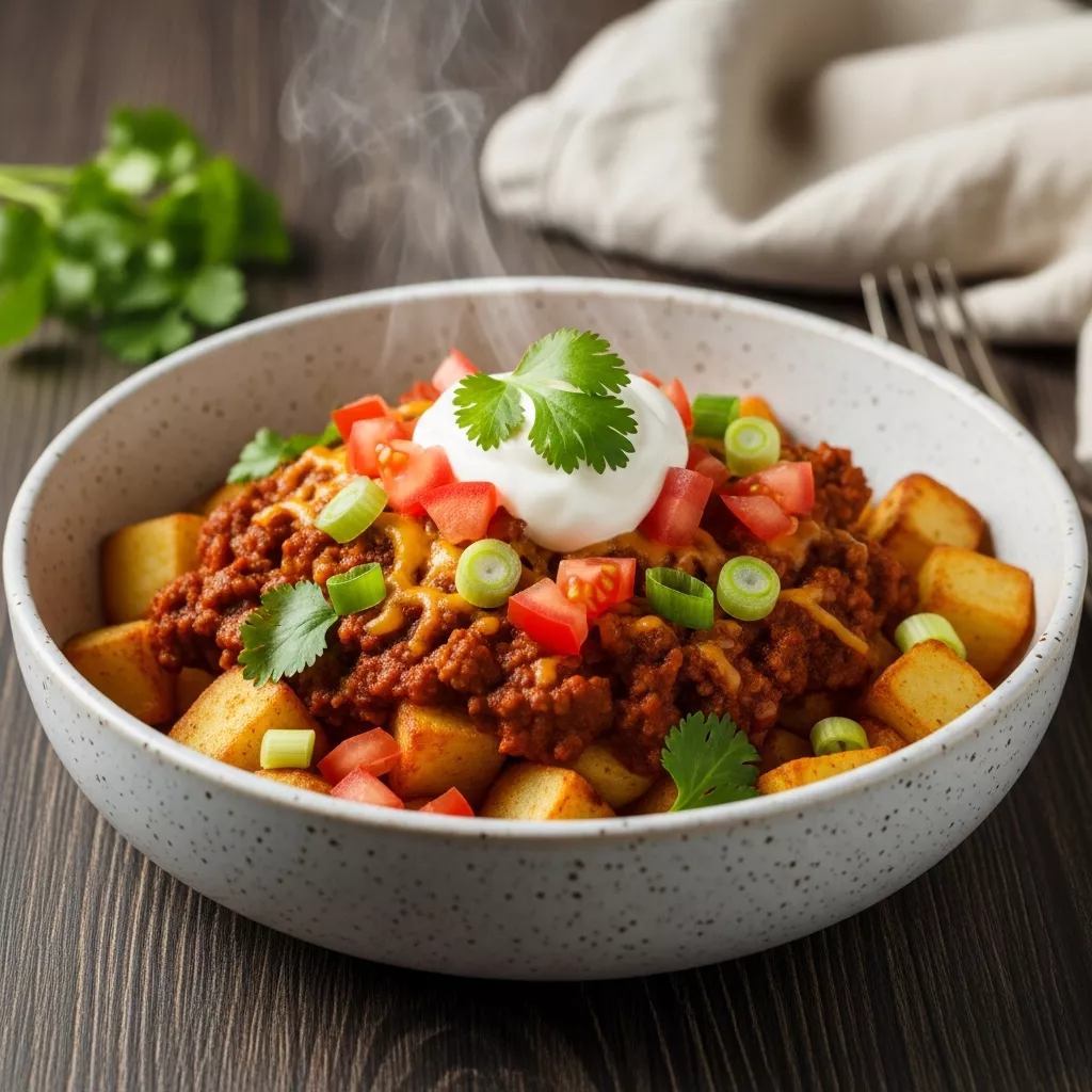 Macro close-up of loaded potato taco bowls with seasoned beef, cheese, and fresh toppings in a ceramic bowl