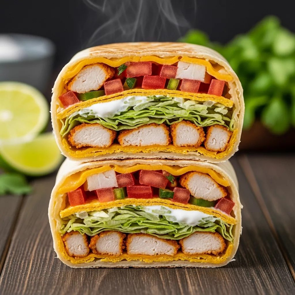 Close up cross section of a homemade chicken crunch wrap showing layers of chicken cheese and veggies