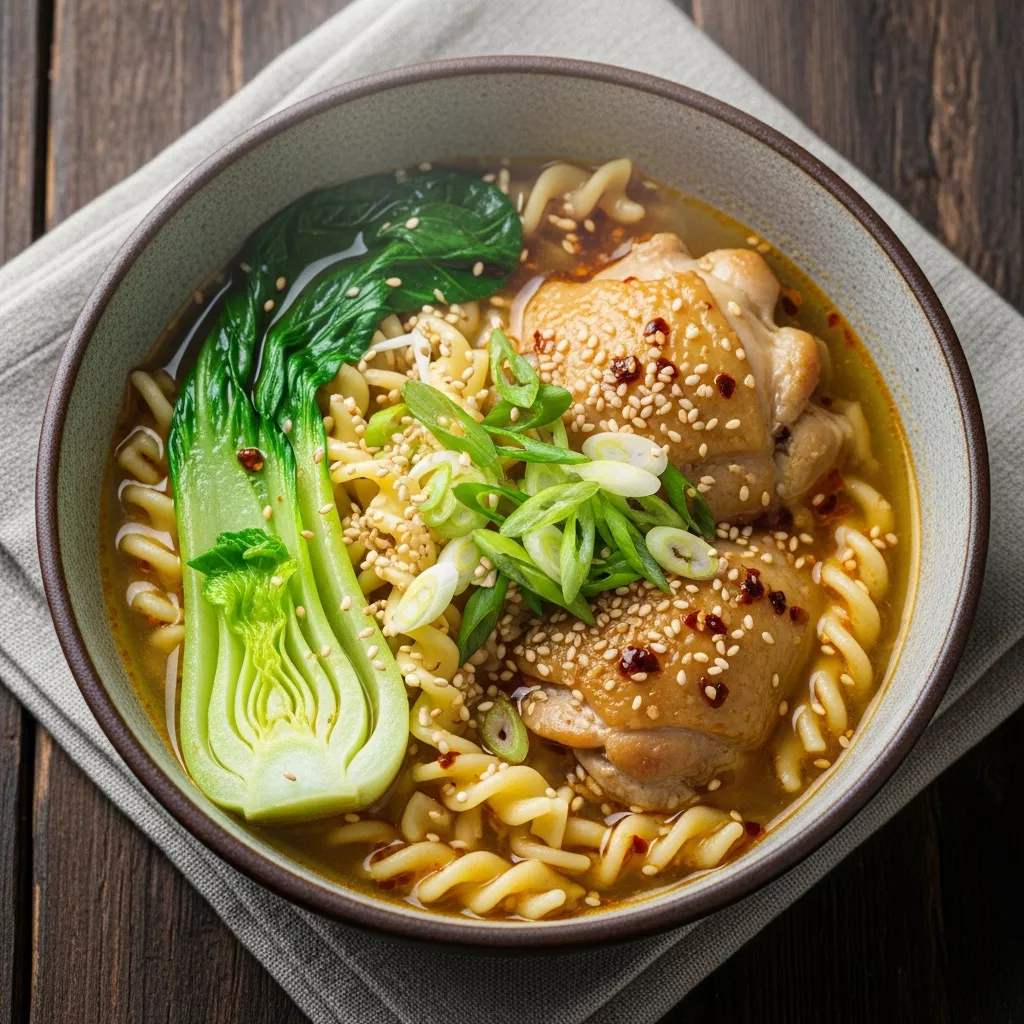Close up of steaming ginger garlic chicken noodle soup with bok choy and chili oil