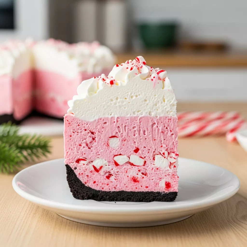 A vibrant slice of no bake peppermint pie with a chocolate crust, pink mint filling, whipped cream, and crushed candy canes on a white plate