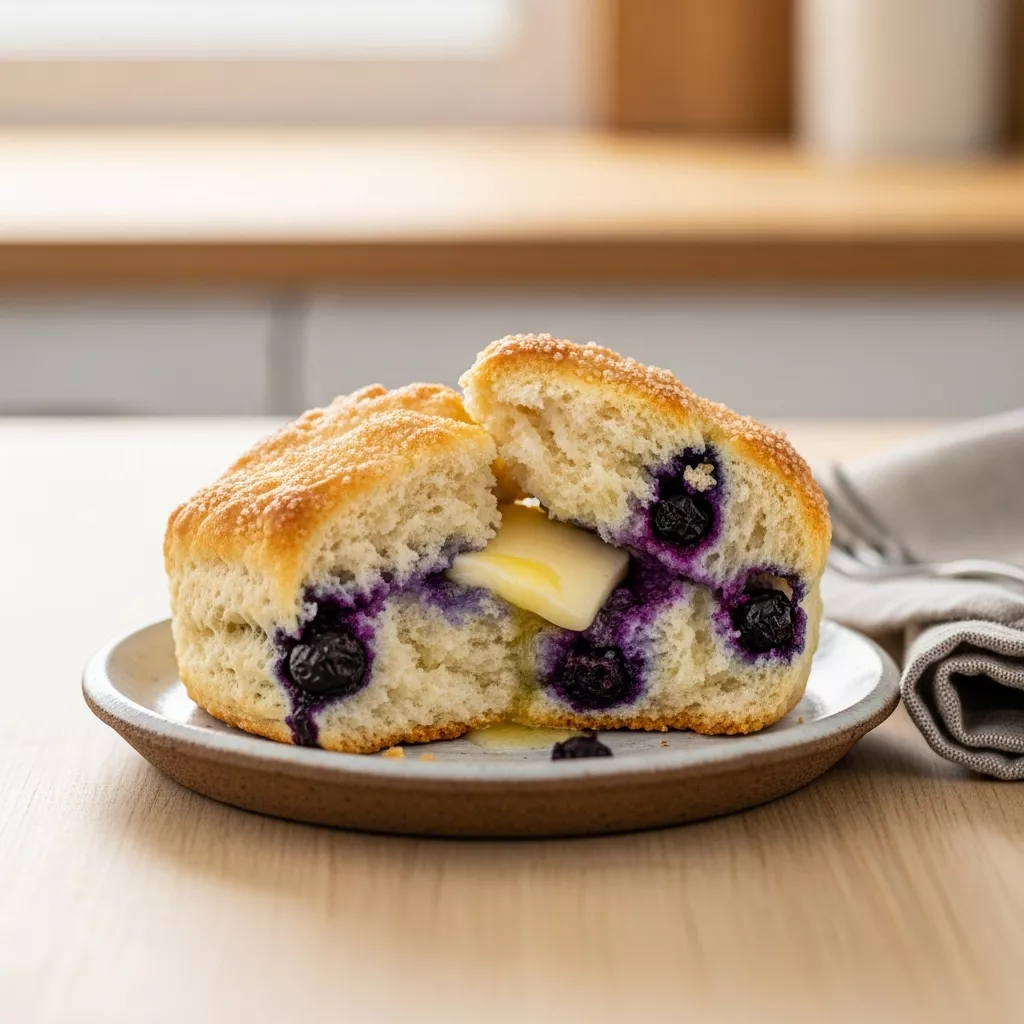A close-up of a warm, golden-brown easy blueberry biscuits split in half, revealing flaky layers and juicy blueberries, with melting butter inside, on a rustic plate