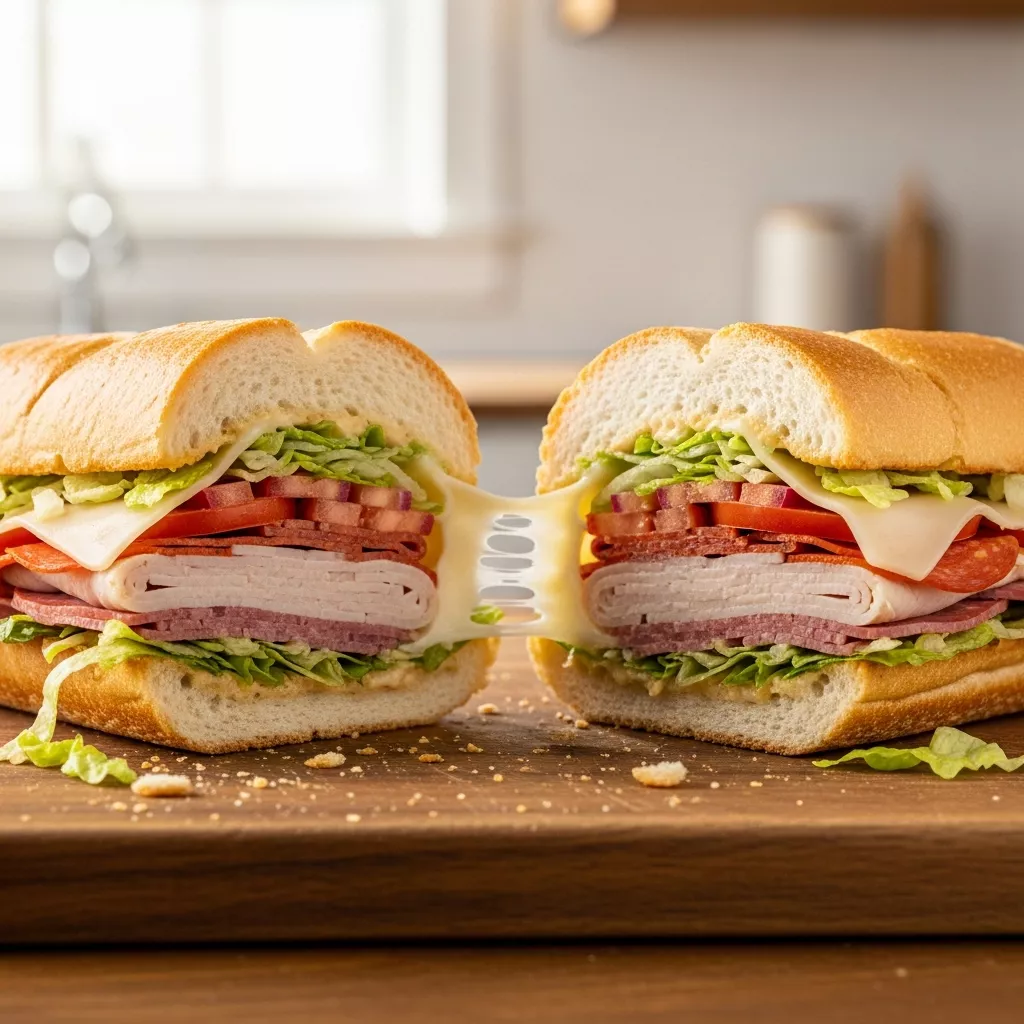 A close-up of a perfectly baked Italian sub sandwiches, sliced in half, showing gooey melted provolone cheese and layers of deli meats on a rustic cutting board