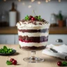 Black forest trifle christmas A stunning vertical close-up of a Festive Black Forest Trifle for Christmas, showing layers of chocolate cake, cherry compote, and vanilla whipped cream, garnished with chocolate shavings, fresh cherries, and mint