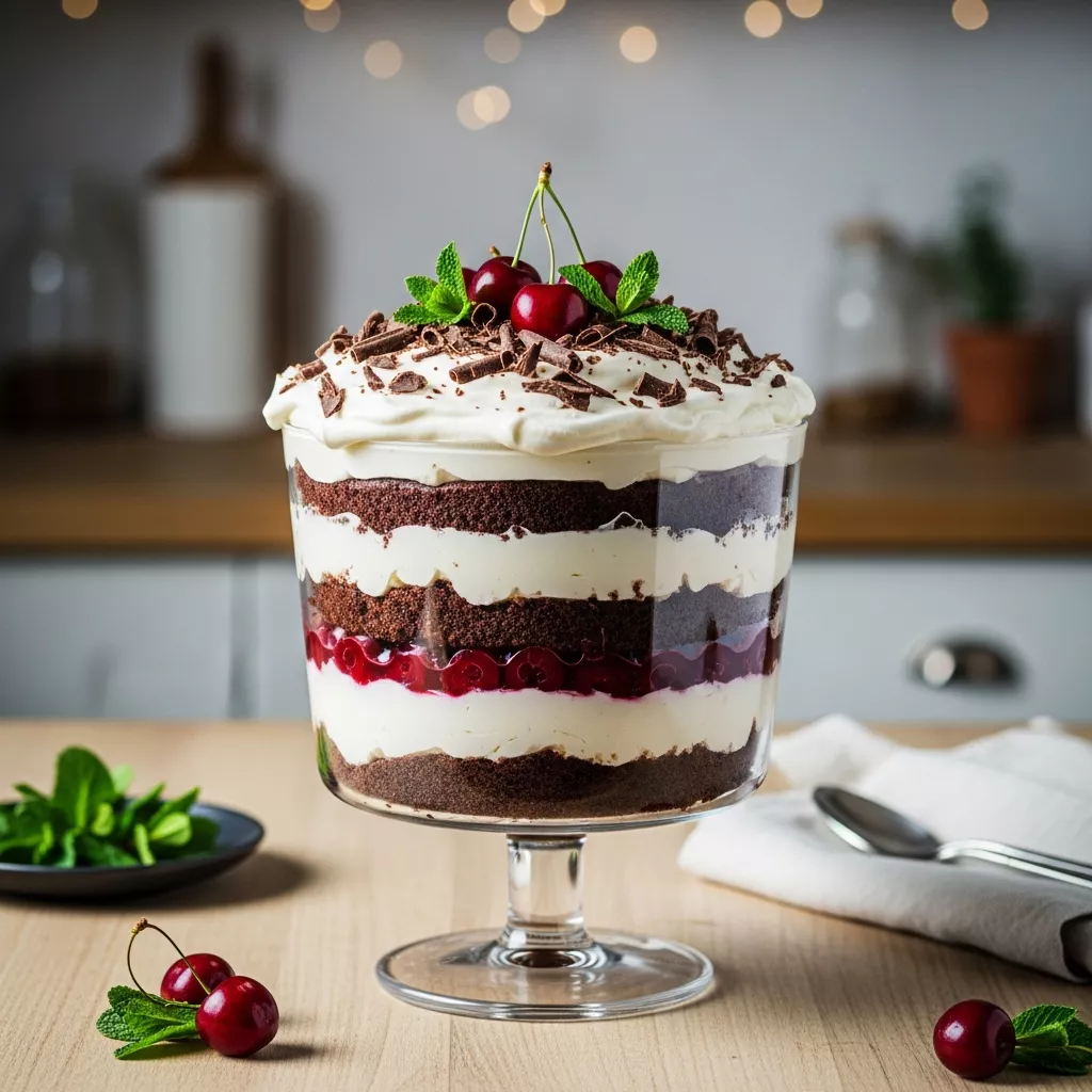 Black forest trifle christmas A stunning vertical close-up of a Festive Black Forest Trifle for Christmas, showing layers of chocolate cake, cherry compote, and vanilla whipped cream, garnished with chocolate shavings, fresh cherries, and mint