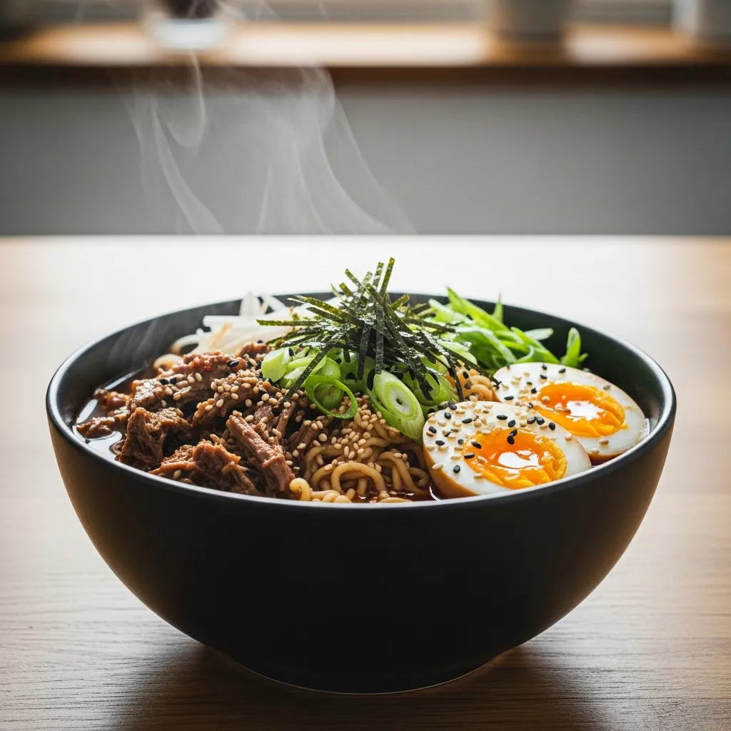 A close-up, direct-angle shot of a steaming bowl of slow cooker beef ramen, garnished with soft-boiled eggs, green onions, sesame seeds, and nori, on a light wood counter