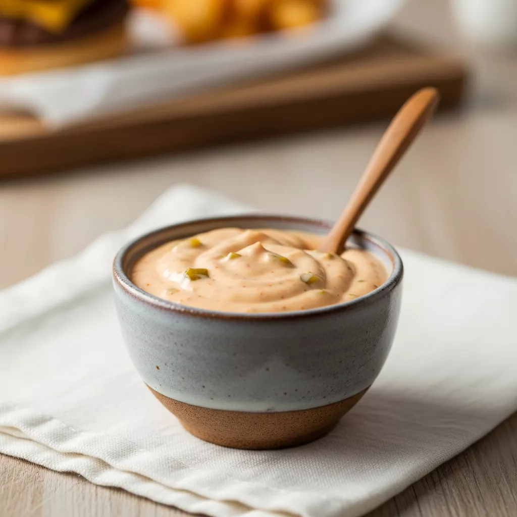 Ultimate Creamy & Tangy Smash Burger Sauce recipe in a rustic bowl, centered on a wooden table