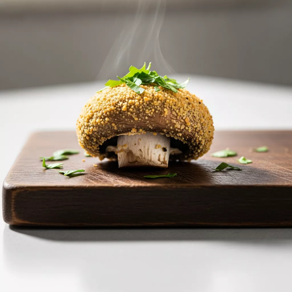 A close-up, direct view of golden-brown air fryer ranch mushrooms garnished with fresh parsley on a rustic wooden board, emphasizing their crisp exterior and savory seasoning