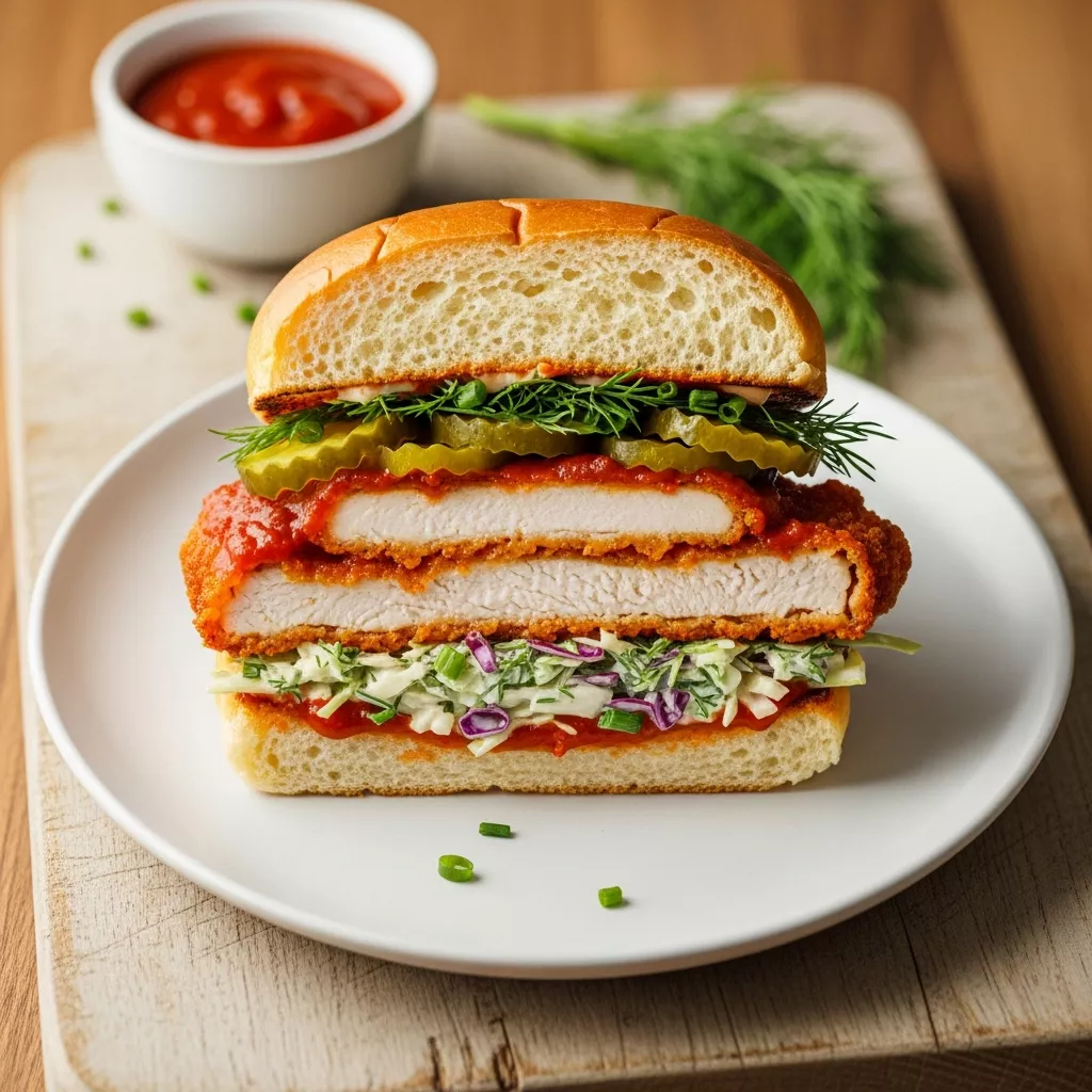 A close-up, direct shot of a perfectly assembled crispy buffalo chicken sandwich, sliced in half on a white plate, showcasing the golden-fried chicken, vibrant zesty ranch slaw, and crisp pickle slices on a toasted brioche bun