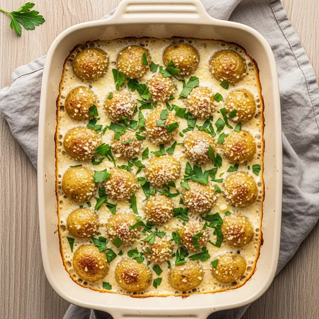 A macro close-up of creamy garlic baby potatoes in a ceramic baking dish, garnished with parsley and Parmesan, perfectly centered, showing golden-brown crust and creamy sauce