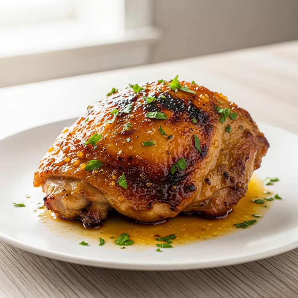 A close-up of a perfectly roasted Golden Lemon Honey Glazed Chicken thigh, garnished with fresh parsley, plated on a white dish, showcasing a delicious lemon honey chicken recipe