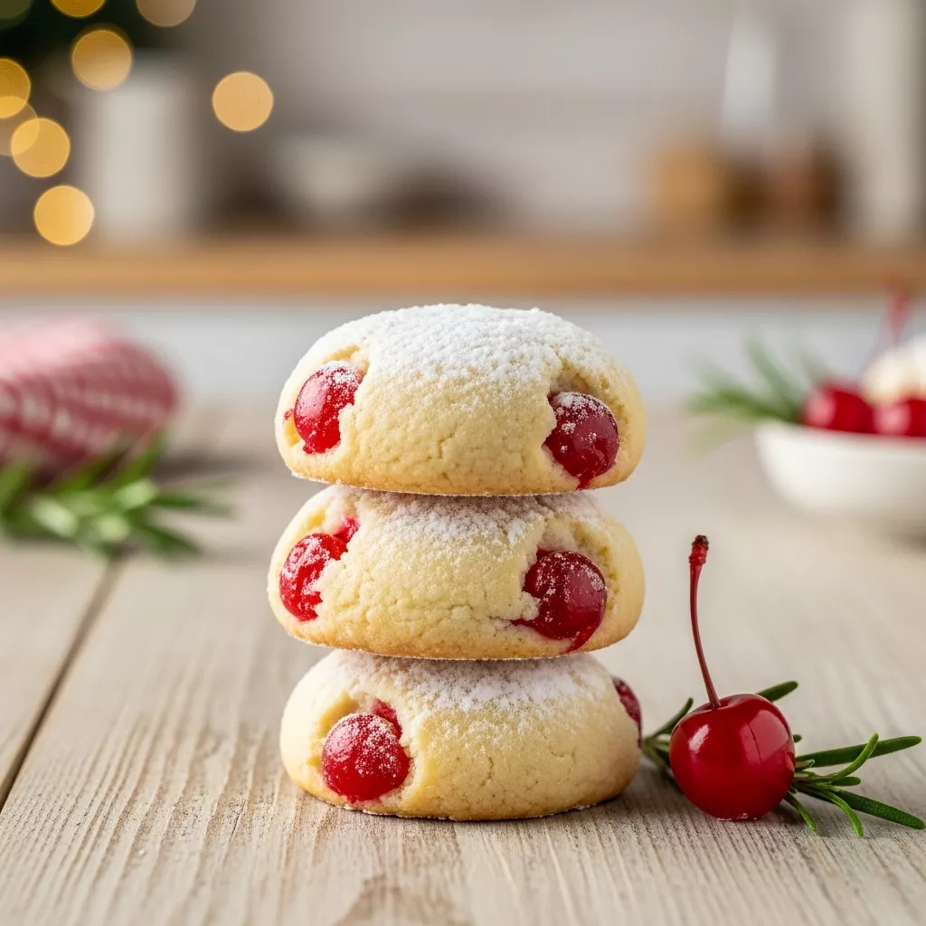 A close-up, direct shot of three festive Christmas maraschino cherry shortbread cookies dusted with powdered sugar, stacked on a wooden surface with a sprig of rosemary
