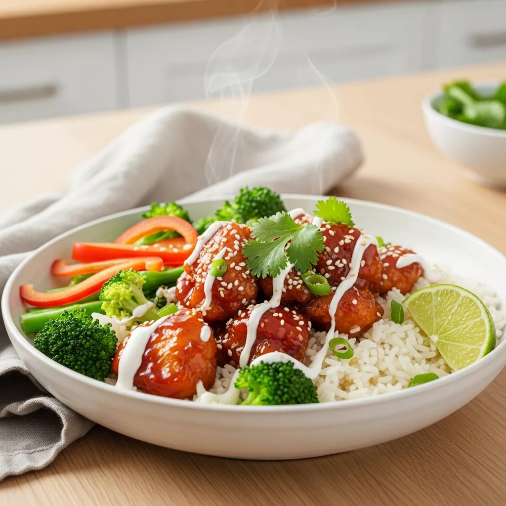 A close-up, vibrant sweet chili chicken bowl with coconut lime drizzle, served over jasmine rice with broccoli and red bell pepper, garnished with cilantro, sesame seeds, and lime