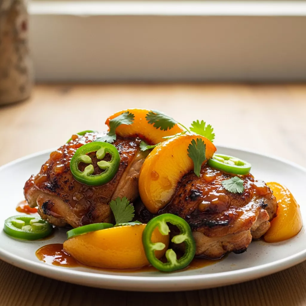 Spicy Sweet Jalapeño Peach Chicken recipe, macro close-up of tender chicken thighs with caramelized peaches, jalapeños, and fresh cilantro on a light ceramic plate