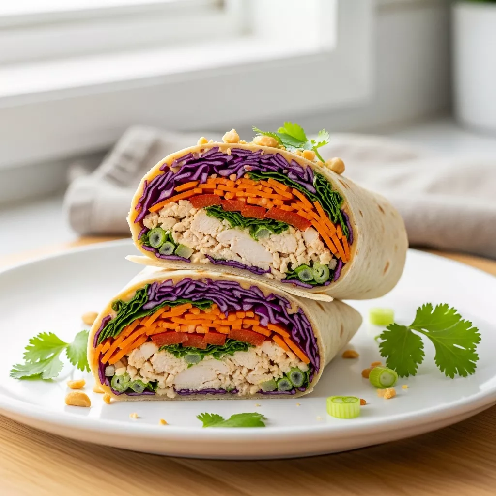 Macro close-up of a freshly made Jimmy John's Copycat Thai Peanut Chicken Wrap, sliced diagonally and garnished with peanuts and cilantro, showing vibrant fillings and creamy peanut sauce, perfect for a quick thai peanut chicken wrap recipe