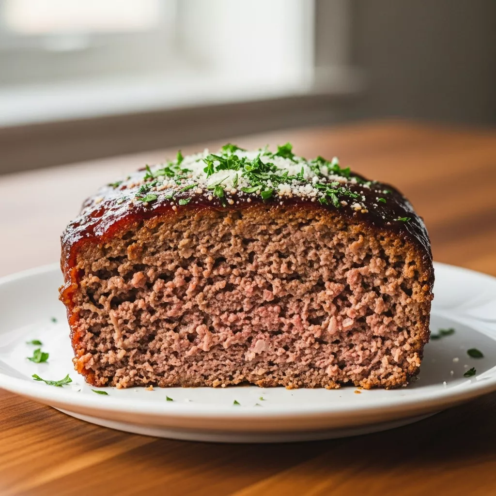 A macro close-up of a perfectly sliced Ultimate Garlic Parmesan Meatloaf on a white plate, garnished with fresh parsley and Parmesan, showing its juicy interior and tangy-sweet glaze, perfect for a comforting garlic parmesan meatloaf recipe