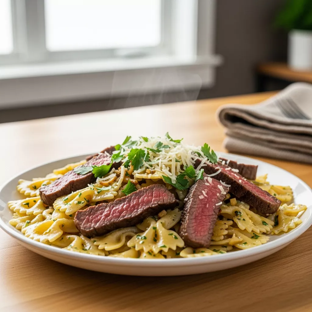 A close-up, perfectly centered vertical shot of garlic butter beef bowtie pasta in a white bowl, garnished with fresh parsley and Parmesan cheese on a rustic wooden table