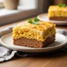 Ultimate mac and cheese meatloaf casserole recipe, golden-brown and bubbly, served on a cream plate with a parsley garnish