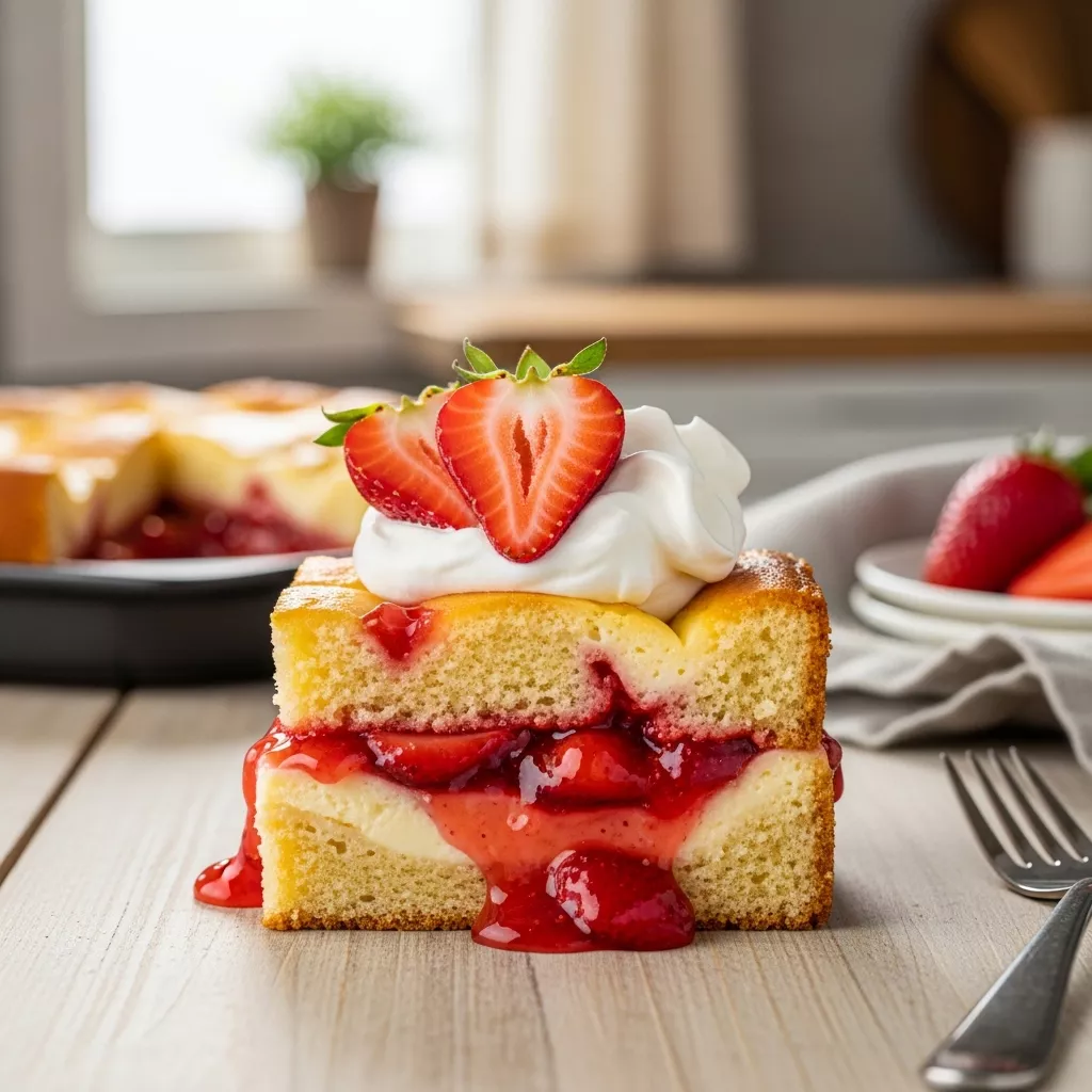 A warm slice of strawberry cheesecake dump cake topped with whipped cream and fresh strawberries, served on a rustic wooden table