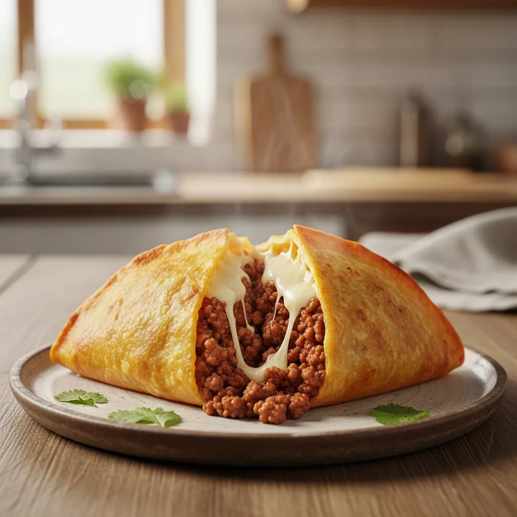 A close-up of a golden crispy spicy crispy taco pockets, split open to show the beef and melted cheese filling, on a rustic wooden surface