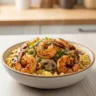 A close-up, direct overhead shot of a perfectly plated Blackened Shrimp Stroganoff, featuring succulent blackened shrimp, creamy mushroom sauce, and tender egg noodles, garnished with fresh parsley