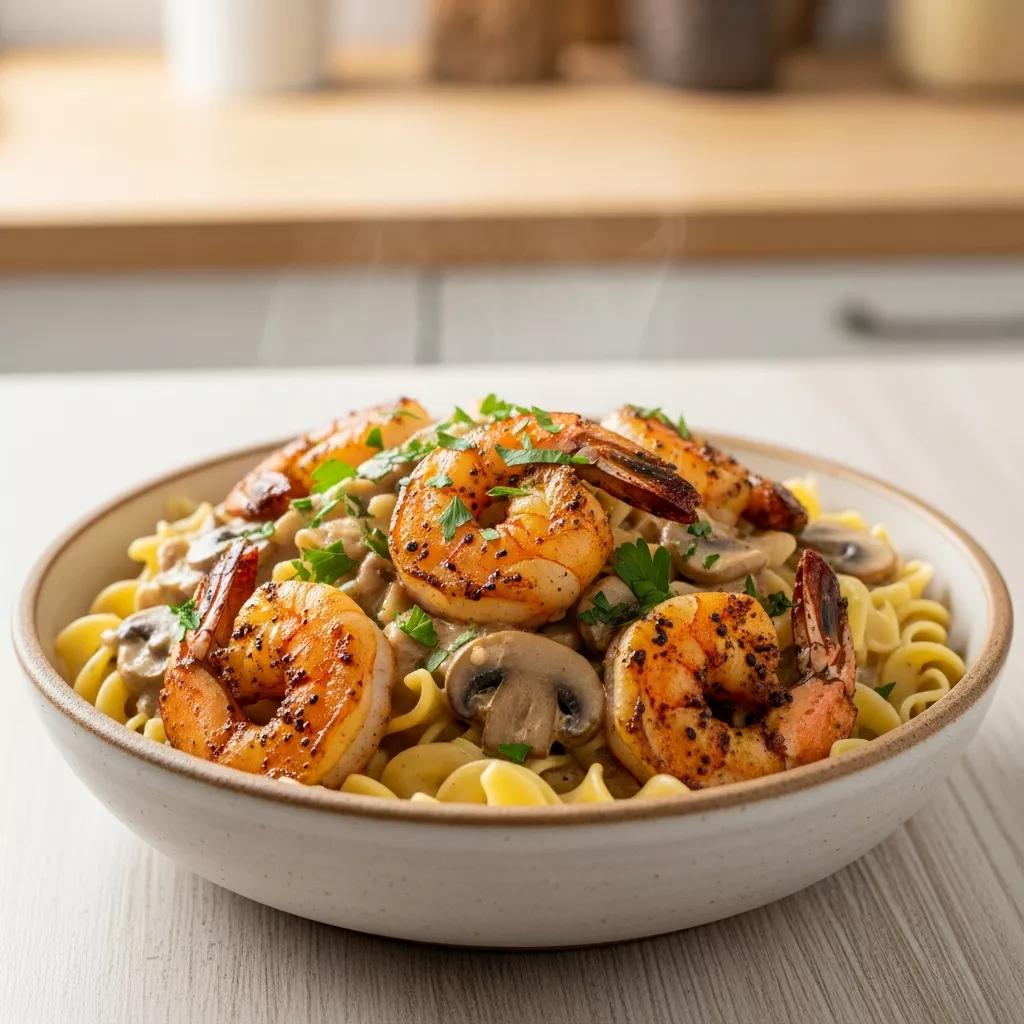 A close-up, direct overhead shot of a perfectly plated Blackened Shrimp Stroganoff, featuring succulent blackened shrimp, creamy mushroom sauce, and tender egg noodles, garnished with fresh parsley