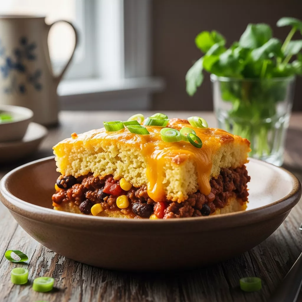 A close-up, direct-angle shot of a Hearty Southern Loaded Cornbread Casserole slice in a rustic bowl, garnished with green onions, showcasing the golden cornbread and rich filling. This southern cornbread casserole recipe is pure comfort