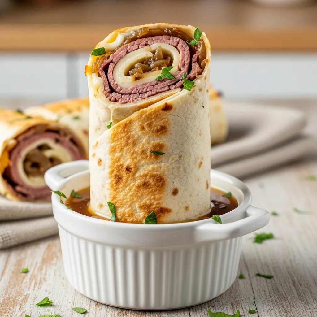 Delicious french dip tortilla roll ups, golden brown and filled with beef, cheese, and caramelized onions, dipped in au jus