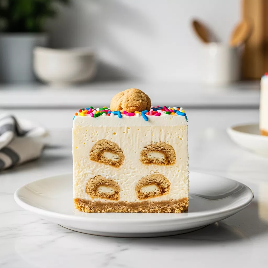 Slice of Ultimate No-Bake Sugar Cookie Cheesecake garnished with sprinkles, showcasing layers, on a white plate. This image is perfect for a sugar cookie cheesecake recipe