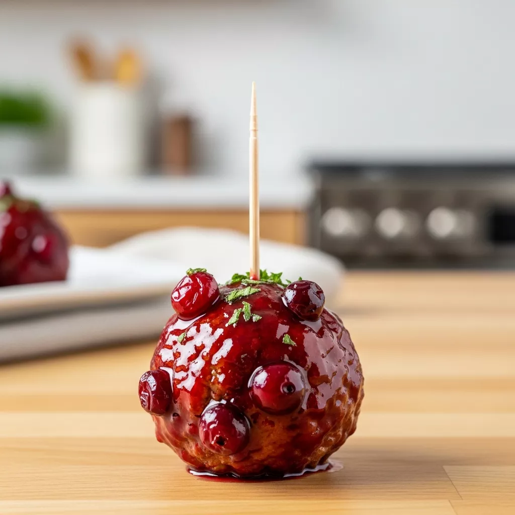 Zesty Cranberry Glazed Meatballs appetizer with toothpicks, garnished with fresh parsley on a white platter, easy cranberry meatballs recipe