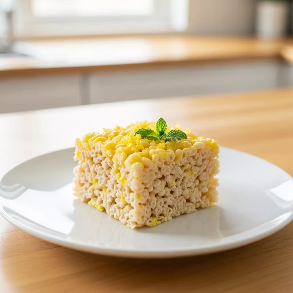 Zesty lemon rice krispy treats A close-up, direct-angle shot of a perfectly cut Zesty Lemon Rice Krispy Treat square, garnished with fresh lemon zest and a mint sprig, on a white plate