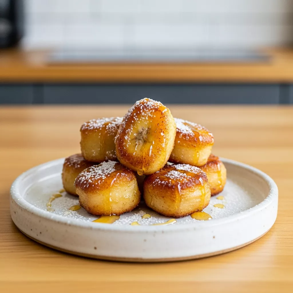 A close-up of crispy air fryer banana treats drizzled with honey and powdered sugar on an off-white plate, set on a light wood kitchen counter