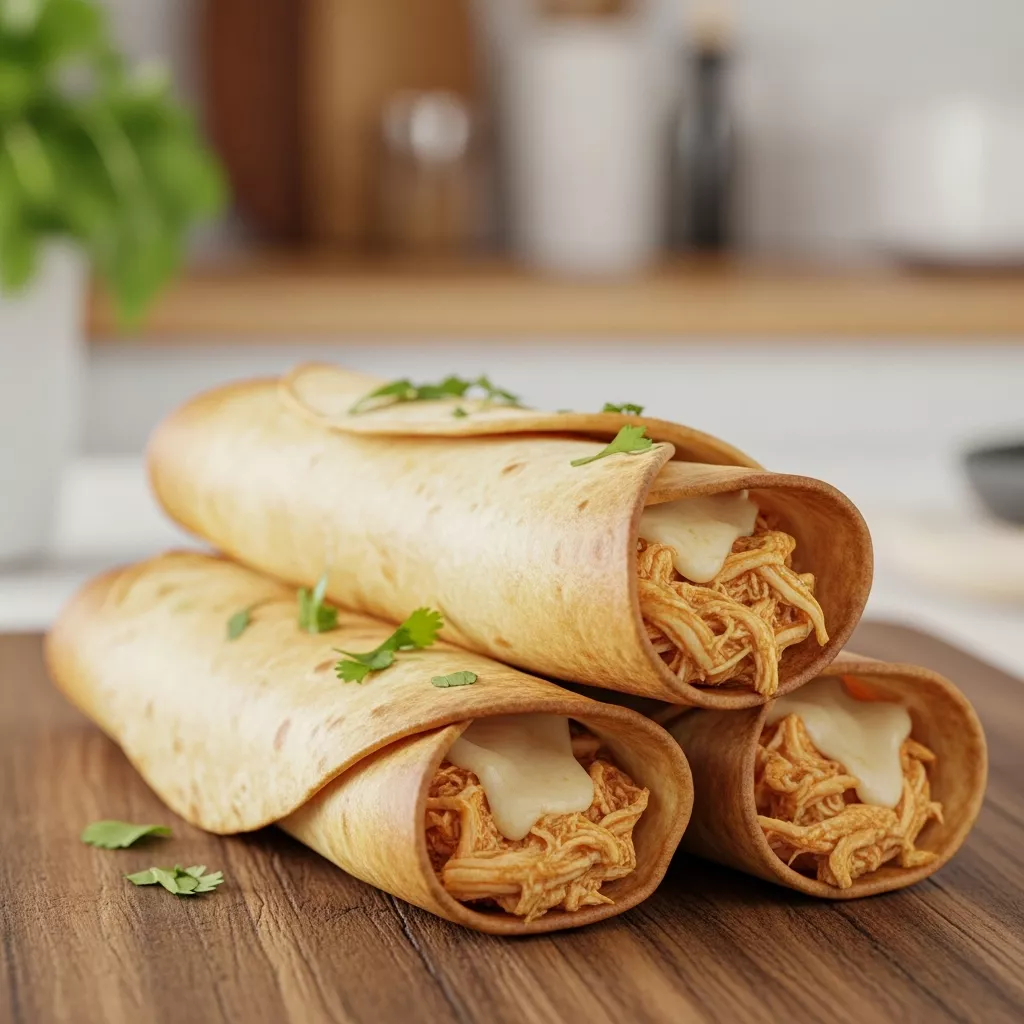 Close-up of delicious homemade baked chicken taquitos