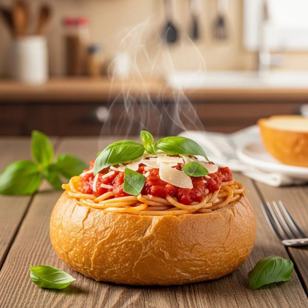 Close-up of delicious spaghetti garlic bread bowls