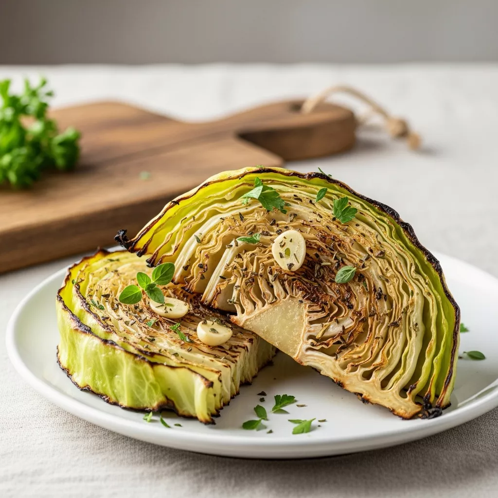 Close-up of delicious oven roasted garlic cabbage steaks