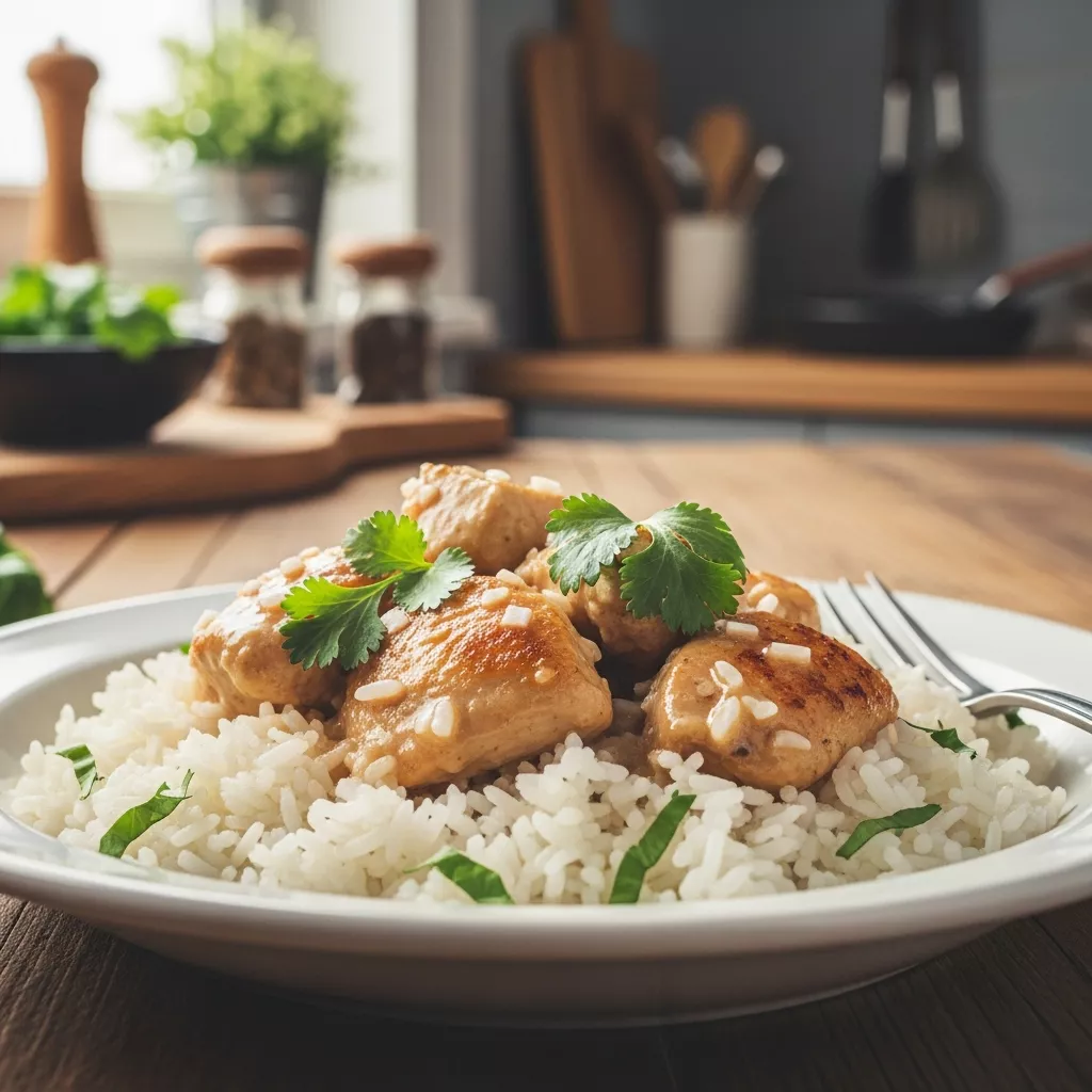 Delicious homemade brazilian coconut chicken served over rice