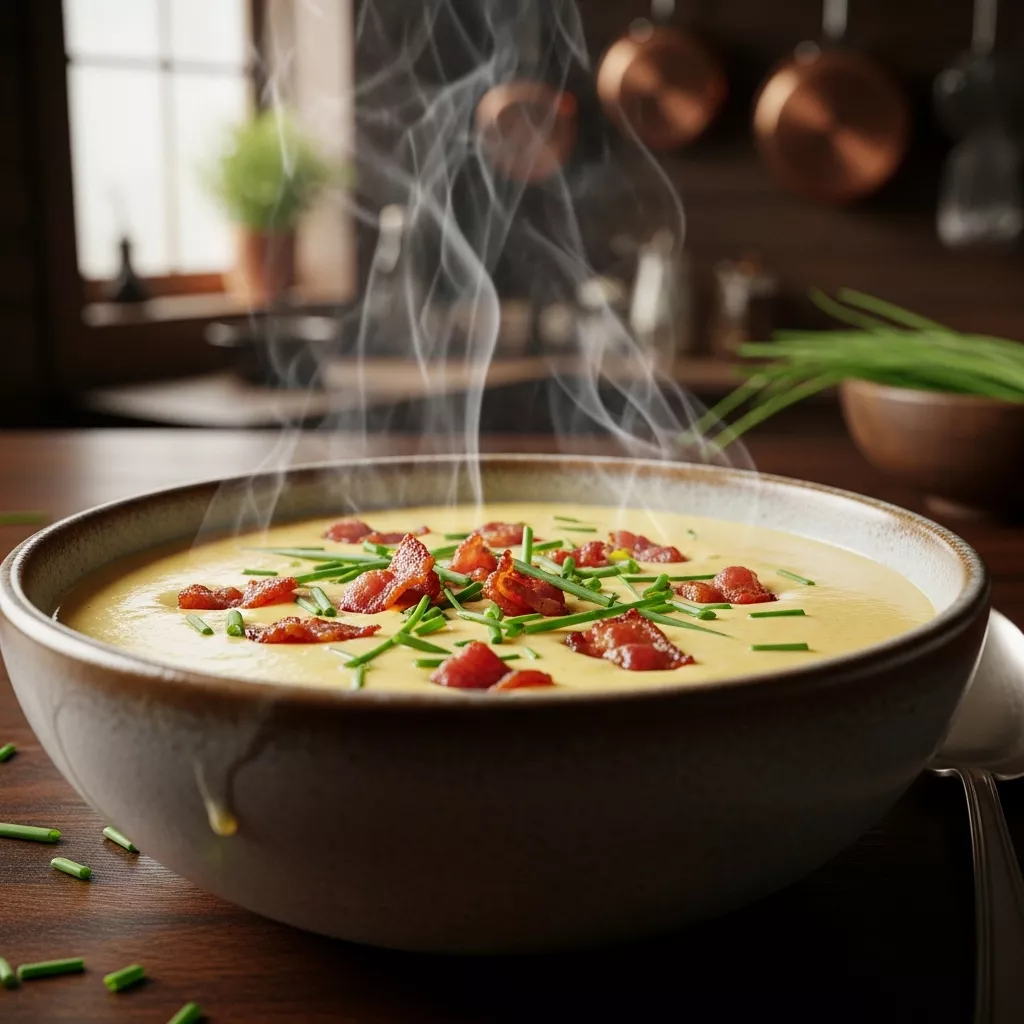 Close-up of creamy cajun potato soup with turkey turkey turkey bacon and chives