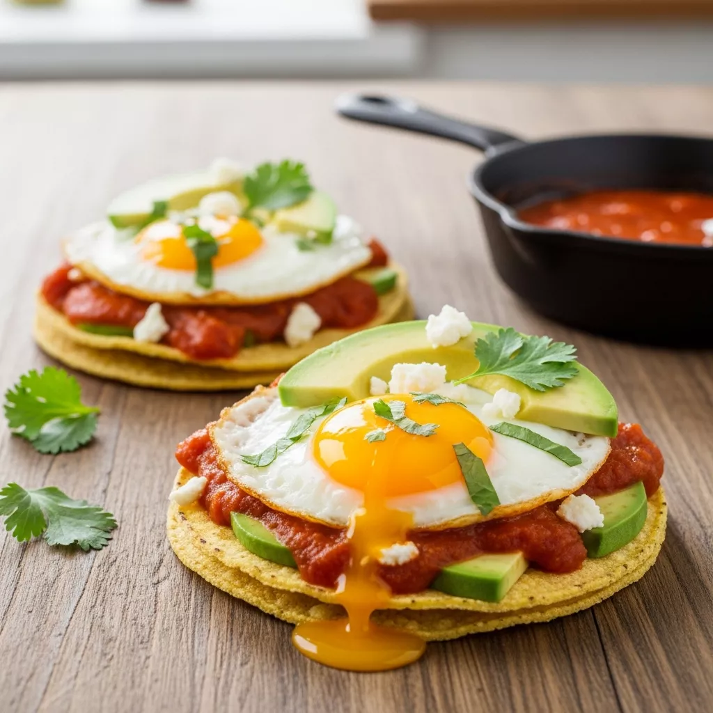 Close-up of the best huevos rancheros with runny egg and fresh toppings