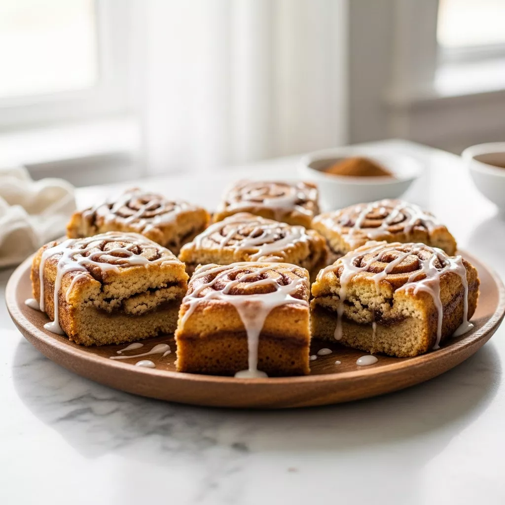 Close-up of gooey cinnamon roll bliss bars drizzled with icing
