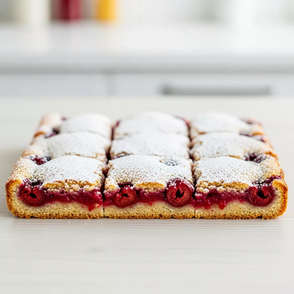Close-up of delicious ruby red cherry bars dusted with powdered sugar