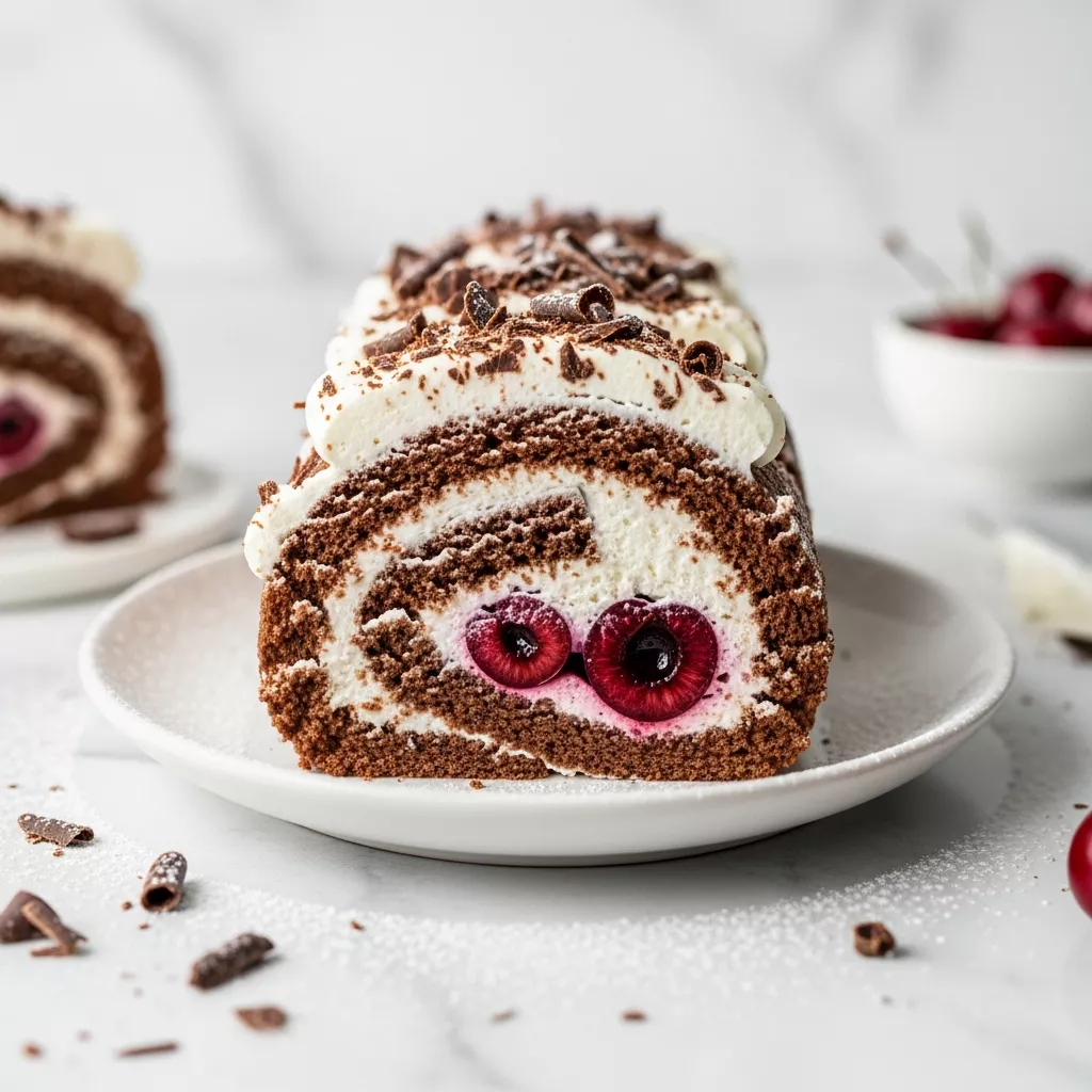 Close-up of a delicious black forest cake roll slice with cherries and whipped cream