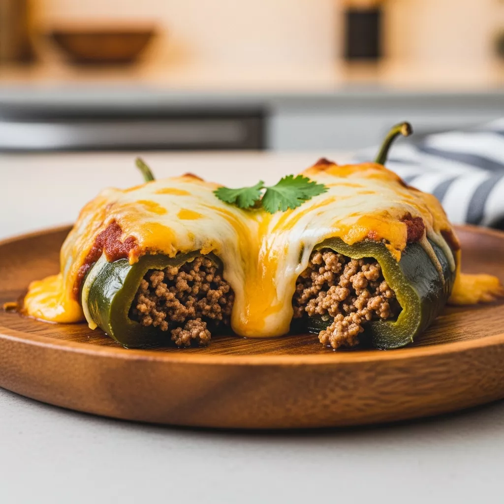 Close-up of delicious cheesy baked chili rellenos