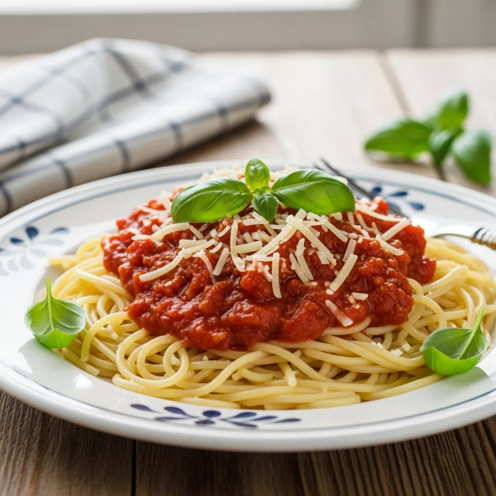 Close-up of delicious old-world spaghetti sauce served over spaghetti with basil and Parmesan