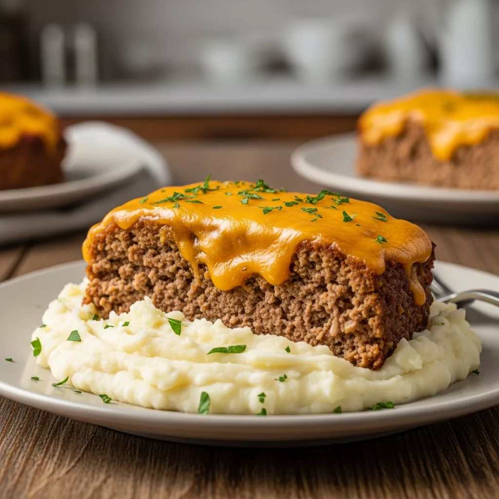 Close-up of delicious cheesy meatloaf recipe with mashed potatoes