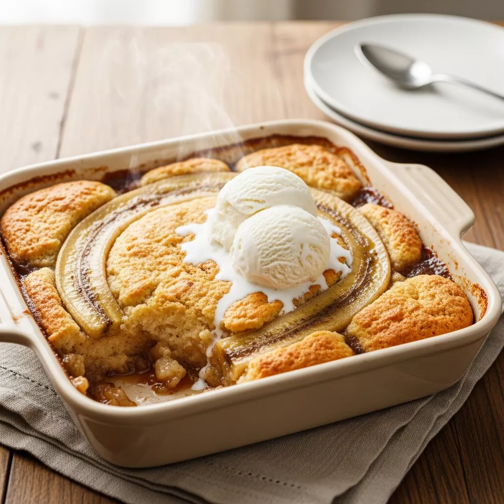 Delicious homemade southern banana cobbler with vanilla ice cream
