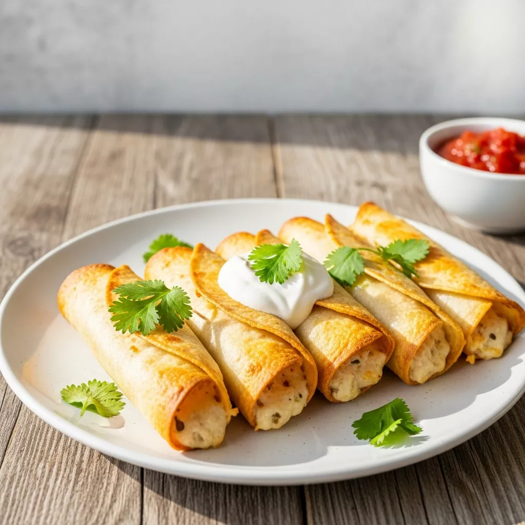 Close-up of crispy baked cream cheese chicken taquitos on a plate