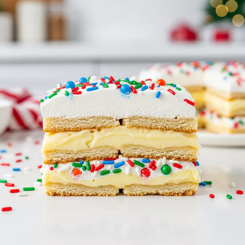 Close-up of a delicious slice of christmas cookie lasagna with layers of cookies, pudding, and whipped cream