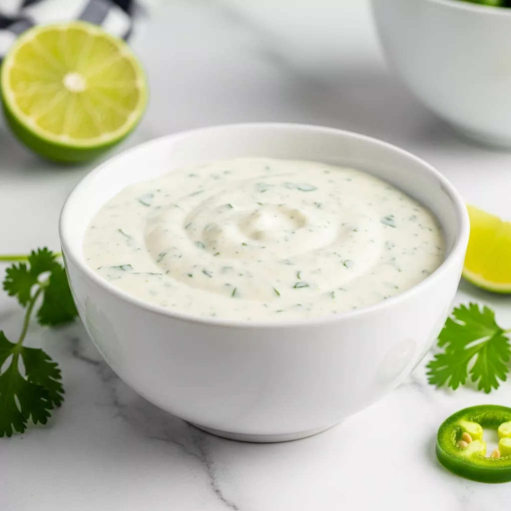 Close-up of creamy cilantro jalapeño lime sauce in a bowl