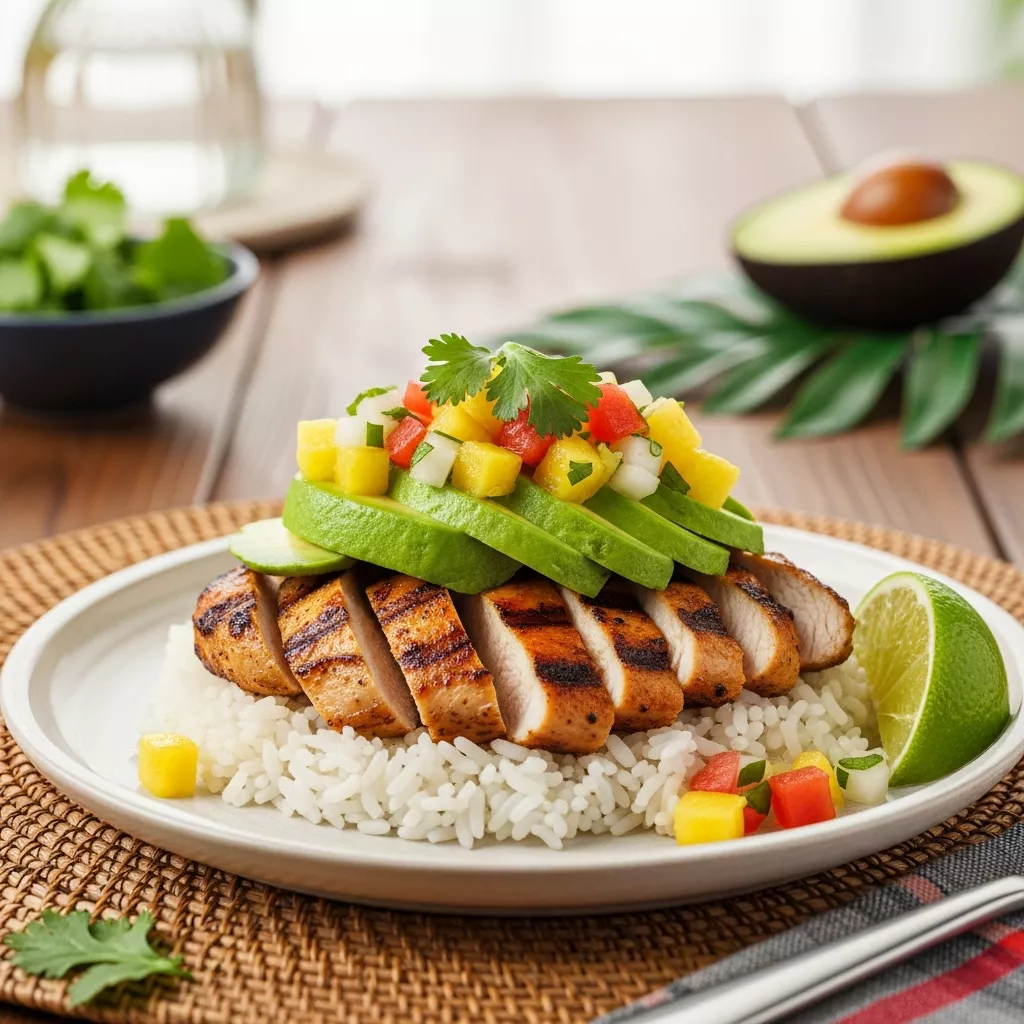 Delicious homemade huli huli chicken stack with pineapple salsa and avocado