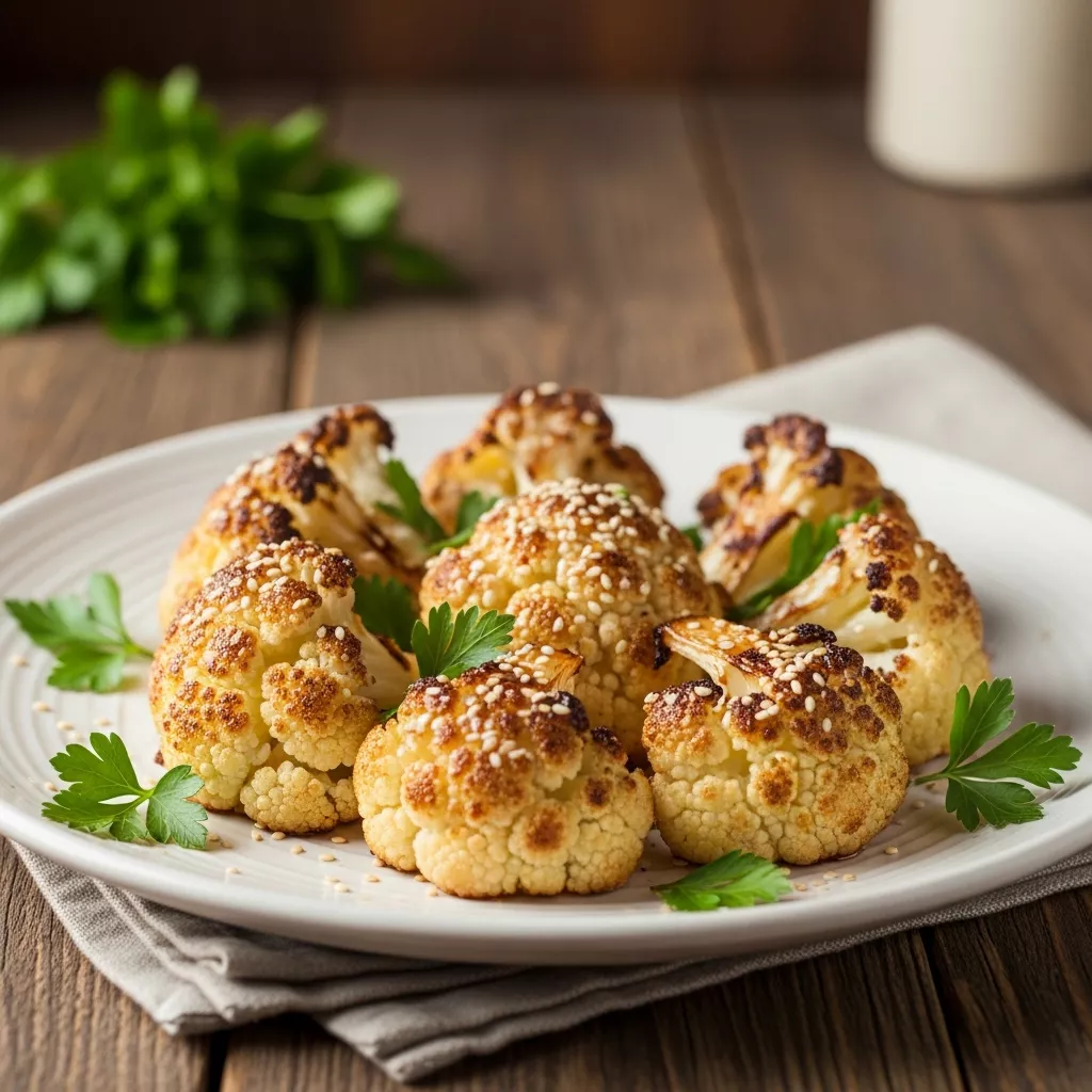 Close-up of delicious roasted tahini honey cauliflower
